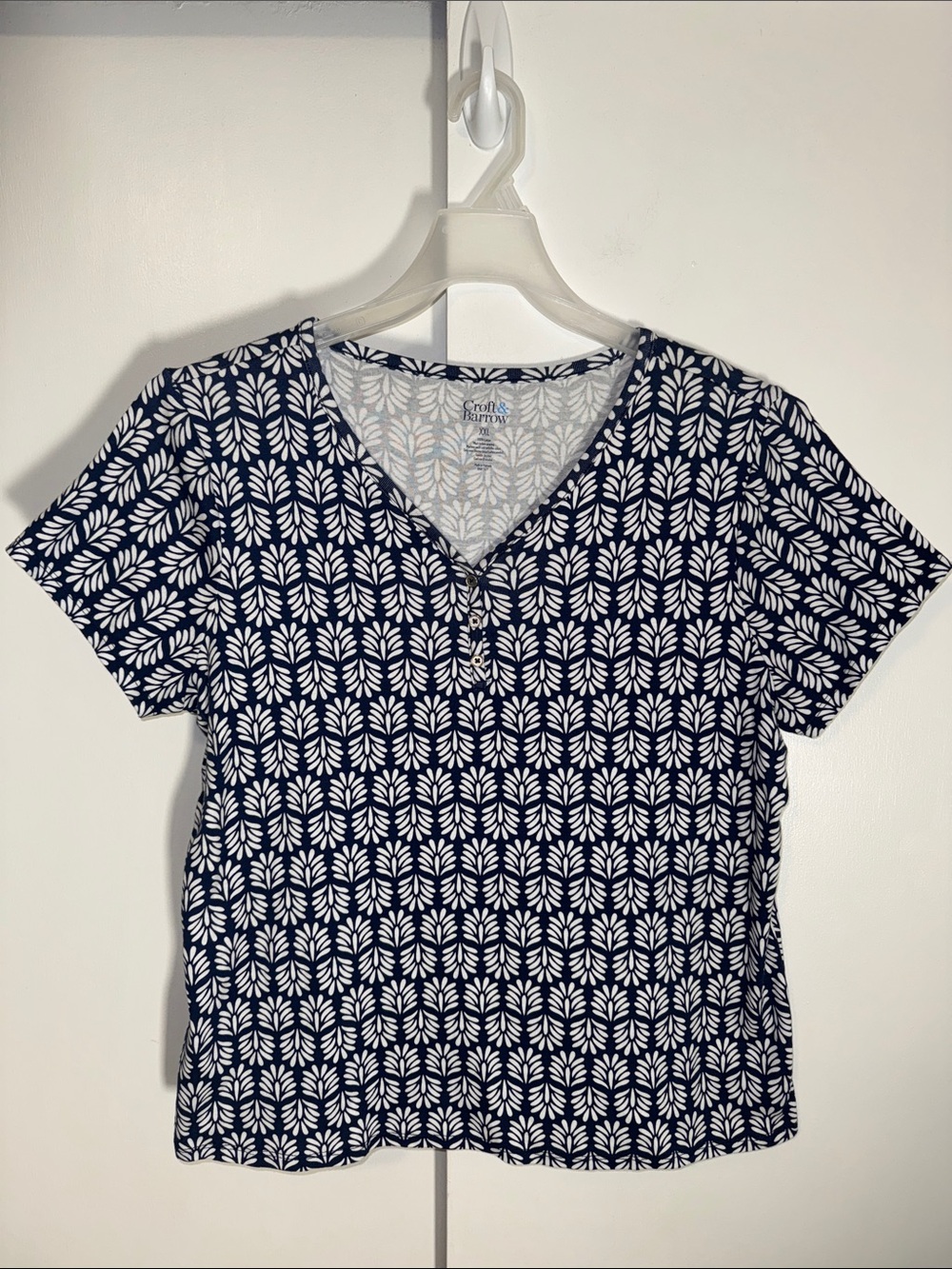 Croft & Barrow 100% Cotton T-Shirt Tee Blue White Fan Leaf Print Women’s XXL 2X